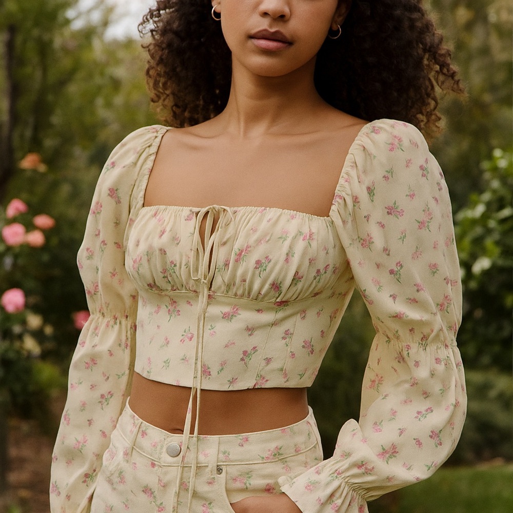 Milk & Honey Floral Puff Sleeve Crop Top Large Pastel Yellow with Pink & Purple